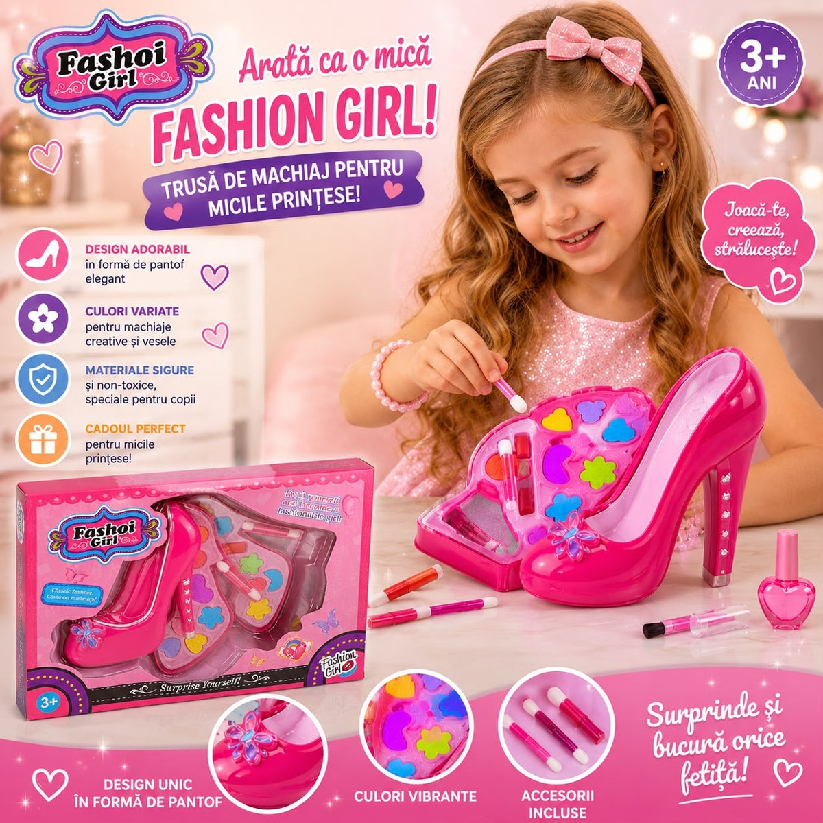 Trusă de Machiaj pentru Copii în Pantof Roz 15cm , Set Cosmetice de Joacă, Accesorii Beauty