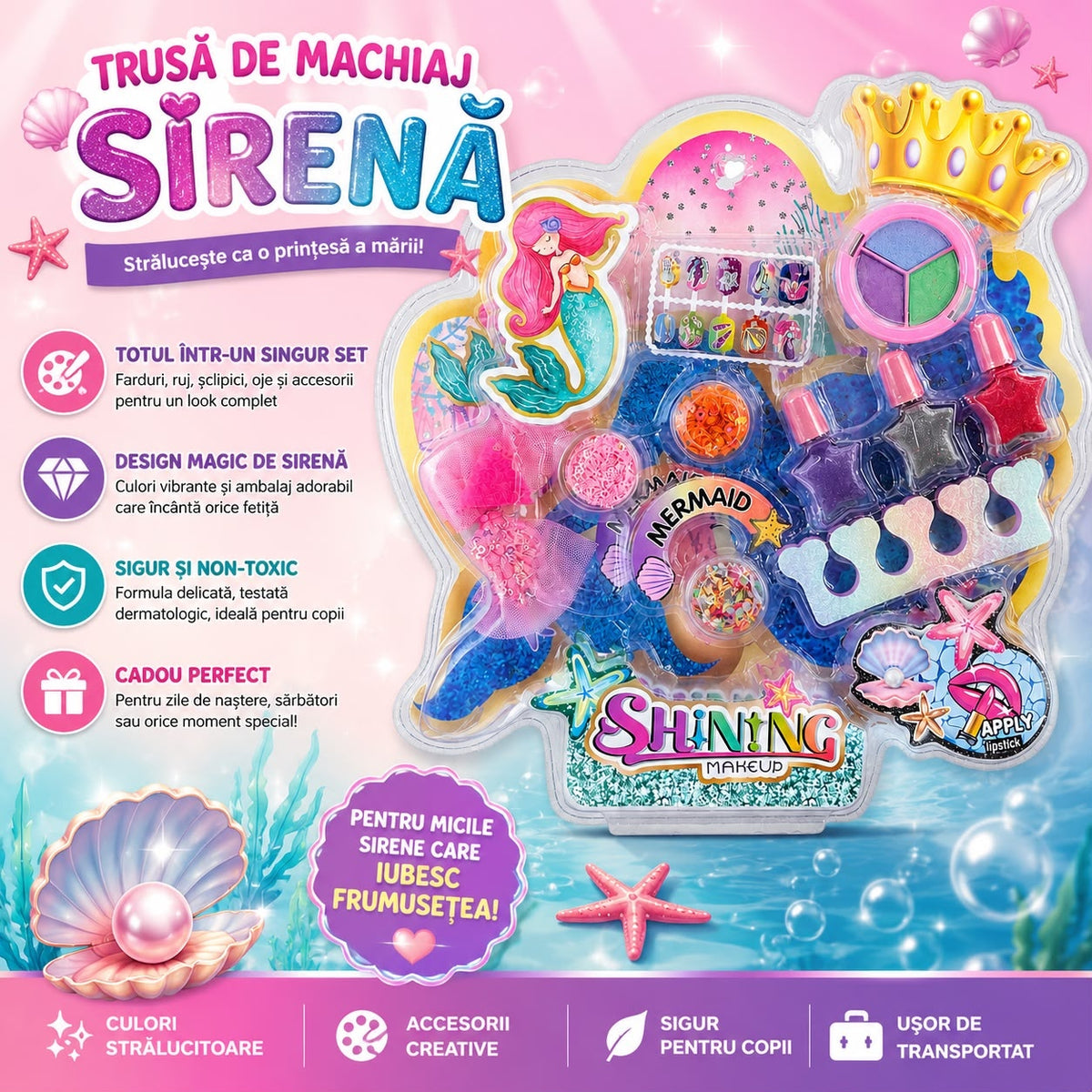 Trusă de Machiaj pentru Copii Sirenă cu Farduri, Oje, Sclipici și Accesorii pentru Unghii, 3+ Ani