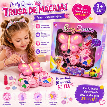 Trusă de Machiaj pentru Copii Tip Fluture, cu Farduri, Ruj și Aplicatoare – Set Cosmetic de Jucărie, 3+ Ani