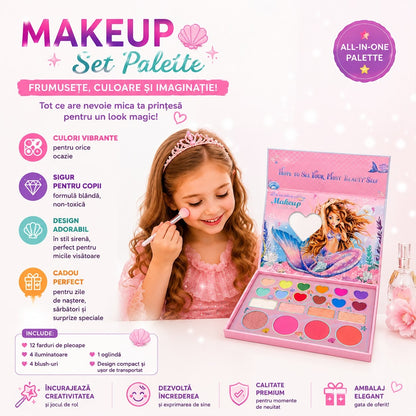 Trusă de Machiaj pentru Fetițe cu Oglindă – Paletă Makeup All-in-One, Farduri, Blush și Iluminator