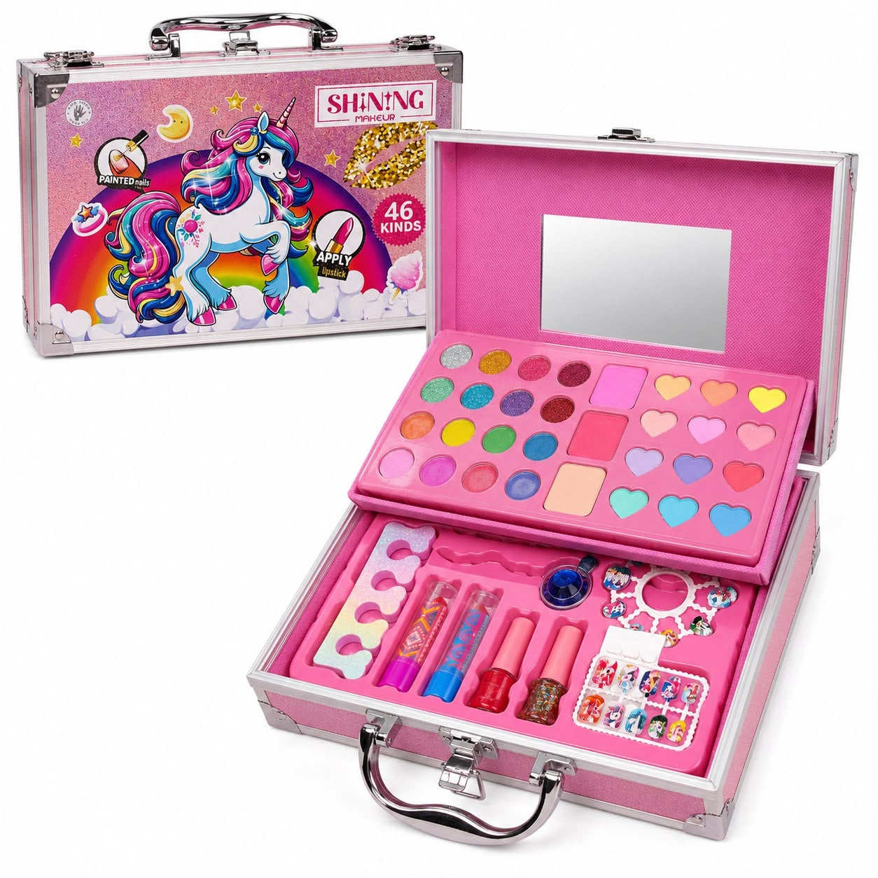 Trusă de Machiaj pentru Fetițe în Casetă cu Oglindă – Set Cosmetic 46 Piese, Farduri, Rujuri