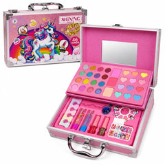 Trusă de Machiaj pentru Fetițe în Casetă cu Oglindă – Set Cosmetic 46 Piese, Farduri, Rujuri