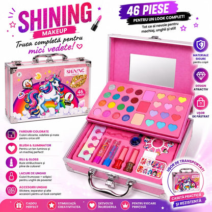 Trusă de Machiaj pentru Fetițe în Casetă cu Oglindă – Set Cosmetic 46 Piese, Farduri, Rujuri