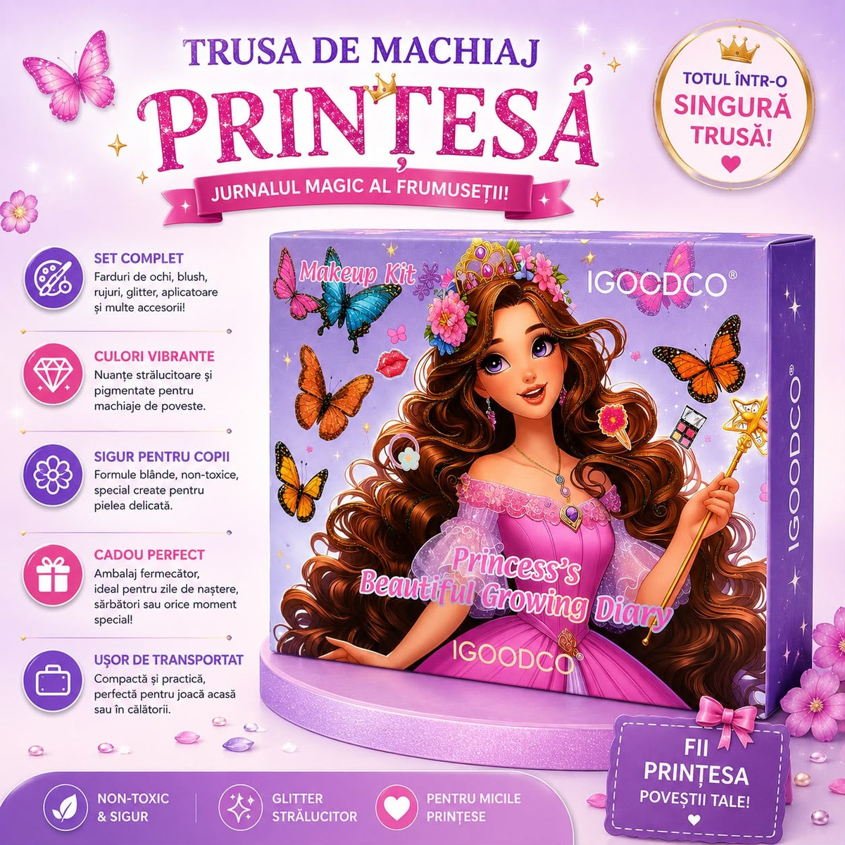 Trusă de Machiaj Prințesă pentru Copii, Set Complet cu Farduri, Blush, Rujuri, Glitter și Accesorii
