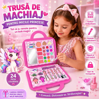 Trusă de Machiaj Unicorn pentru Copii, 24 Piese – Set Machiaj cu Oglindă, Pensule și Accesorii