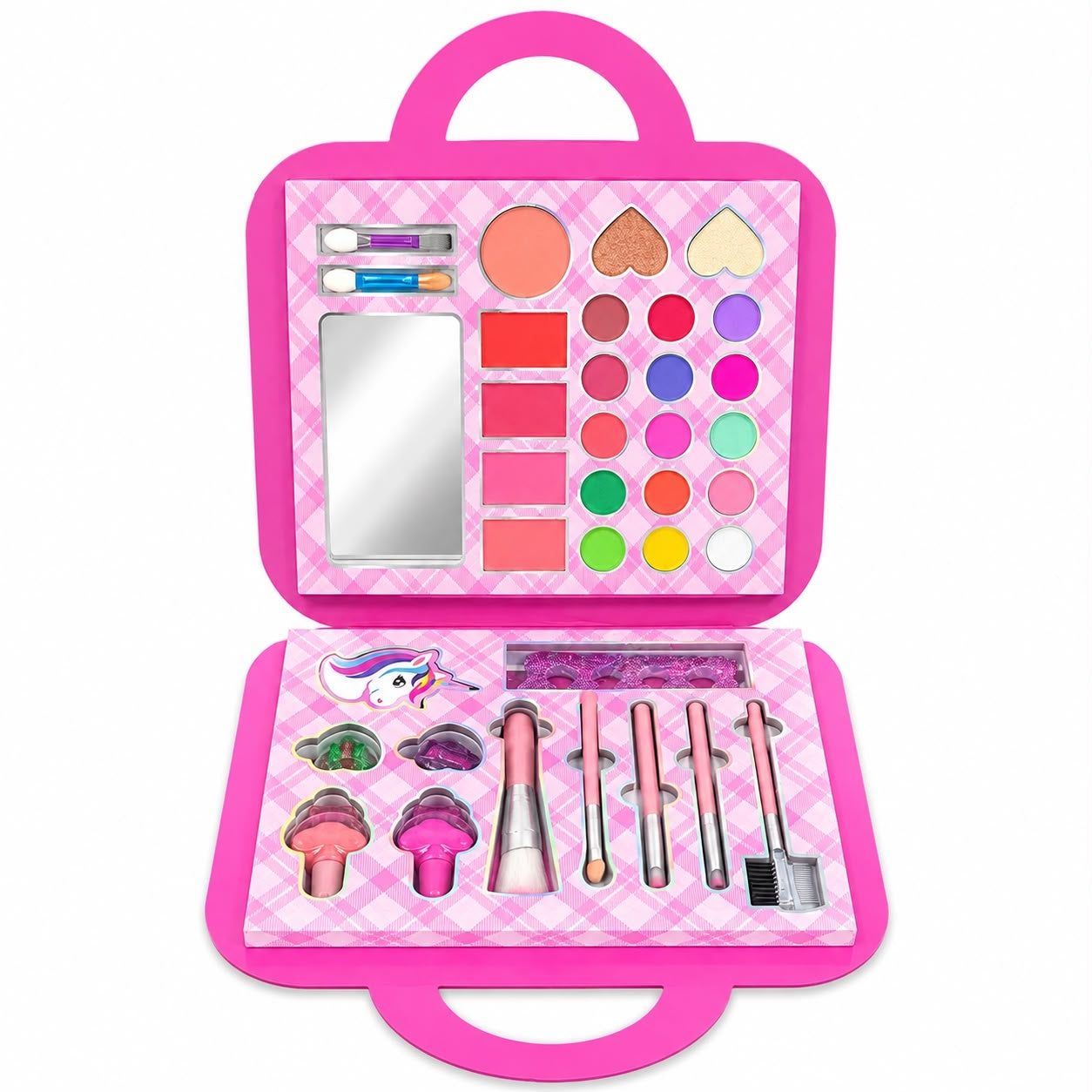 Trusă de Machiaj Unicorn pentru Copii, 24 Piese – Set Machiaj cu Oglindă, Pensule și Accesorii