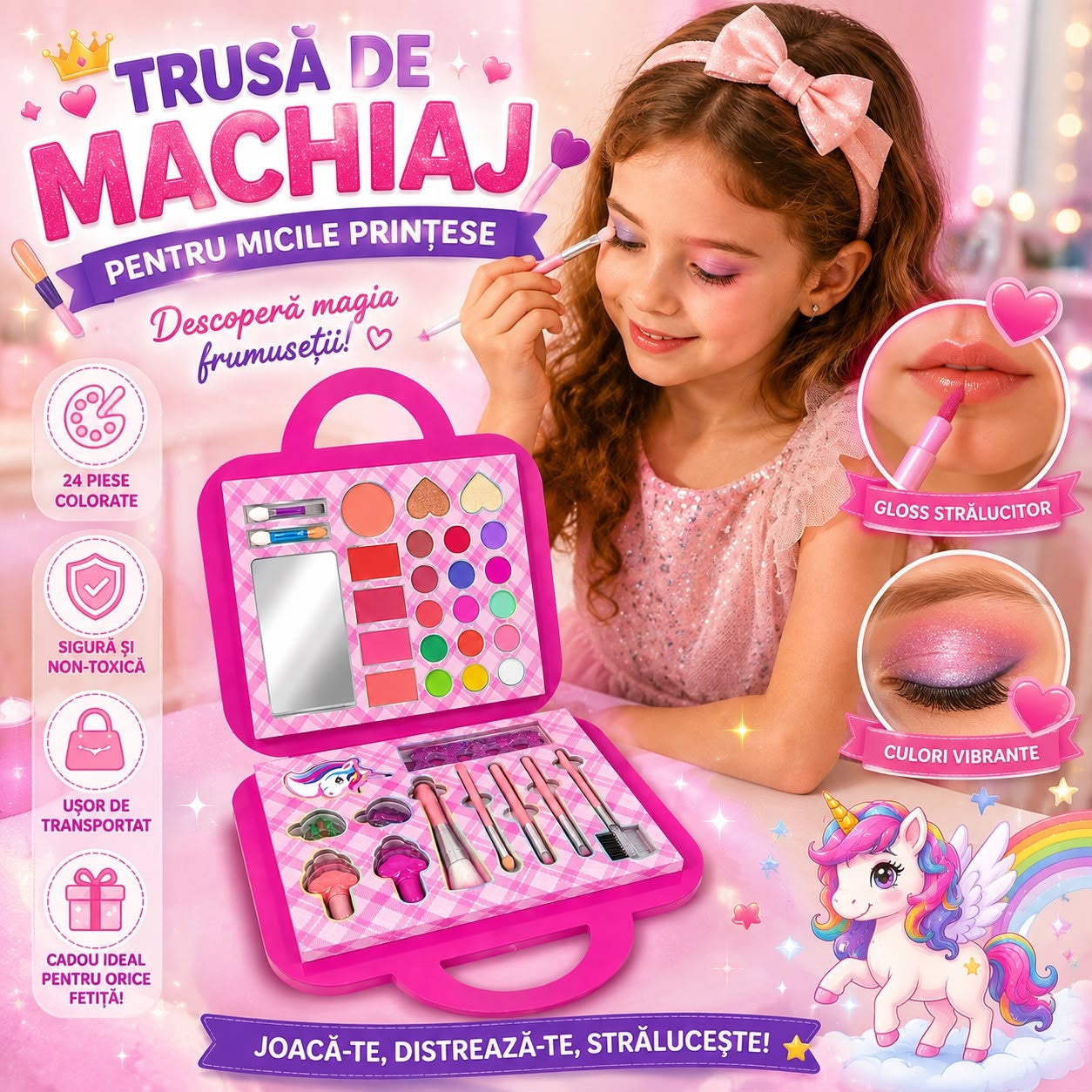 Trusă de Machiaj Unicorn pentru Copii, 24 Piese – Set Machiaj cu Oglindă, Pensule și Accesorii