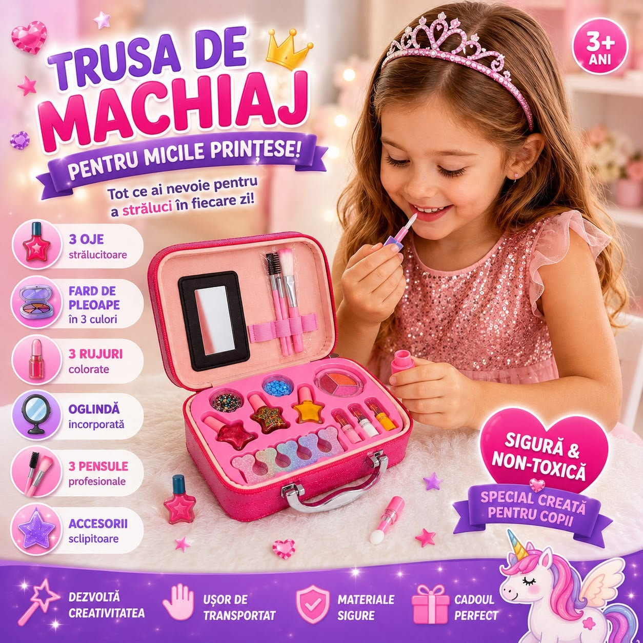 Trusă de Machiaj Unicorn pentru Copii în Geantă Elegantă – Set Cosmetic cu Oglindă și Accesorii, Culoare Aleatorie