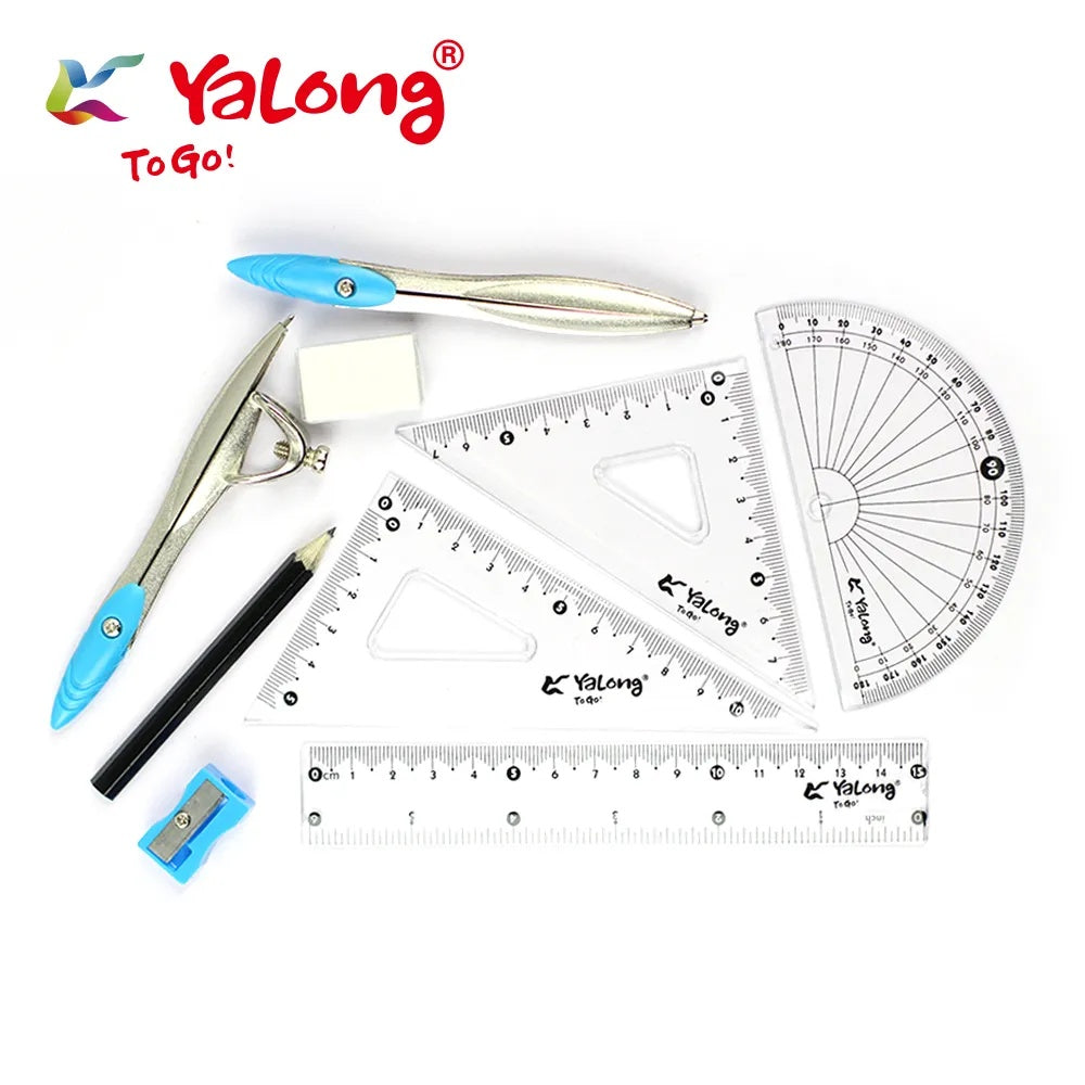 Trusa geometrie Yalong 8 piese in cutie metalica , set complet pentru scoala si activitati tehnice,