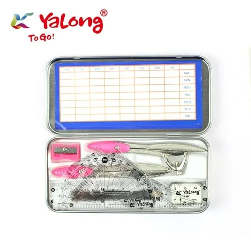 Trusa geometrie Yalong 8 piese in cutie metalica , set complet pentru scoala si activitati tehnice,