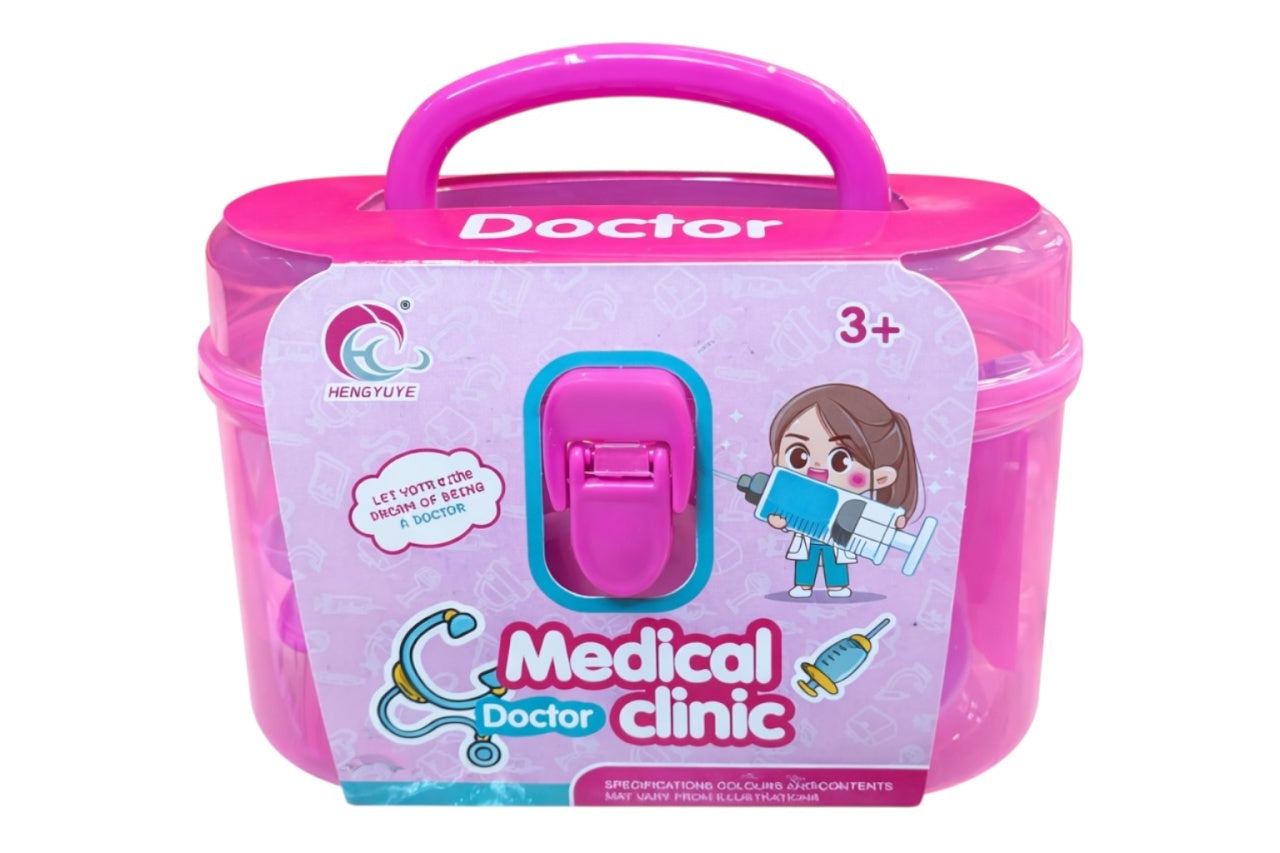 Trusă medicală jucărie roz pentru copii, din plastic, set complet, 20x11x13 cm