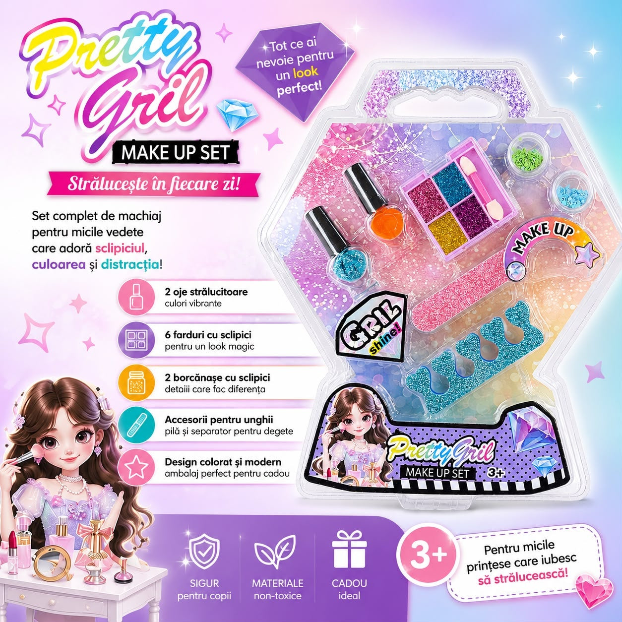 Trusă pentru Copii Pretty Girl Make Up Set cu Farduri, Oje, Sclipici și Accesorii pentru Unghii