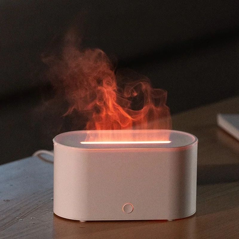 Umidificator aer cu efect flacara LED, difuzor aromaterapie USB, silentios, alb