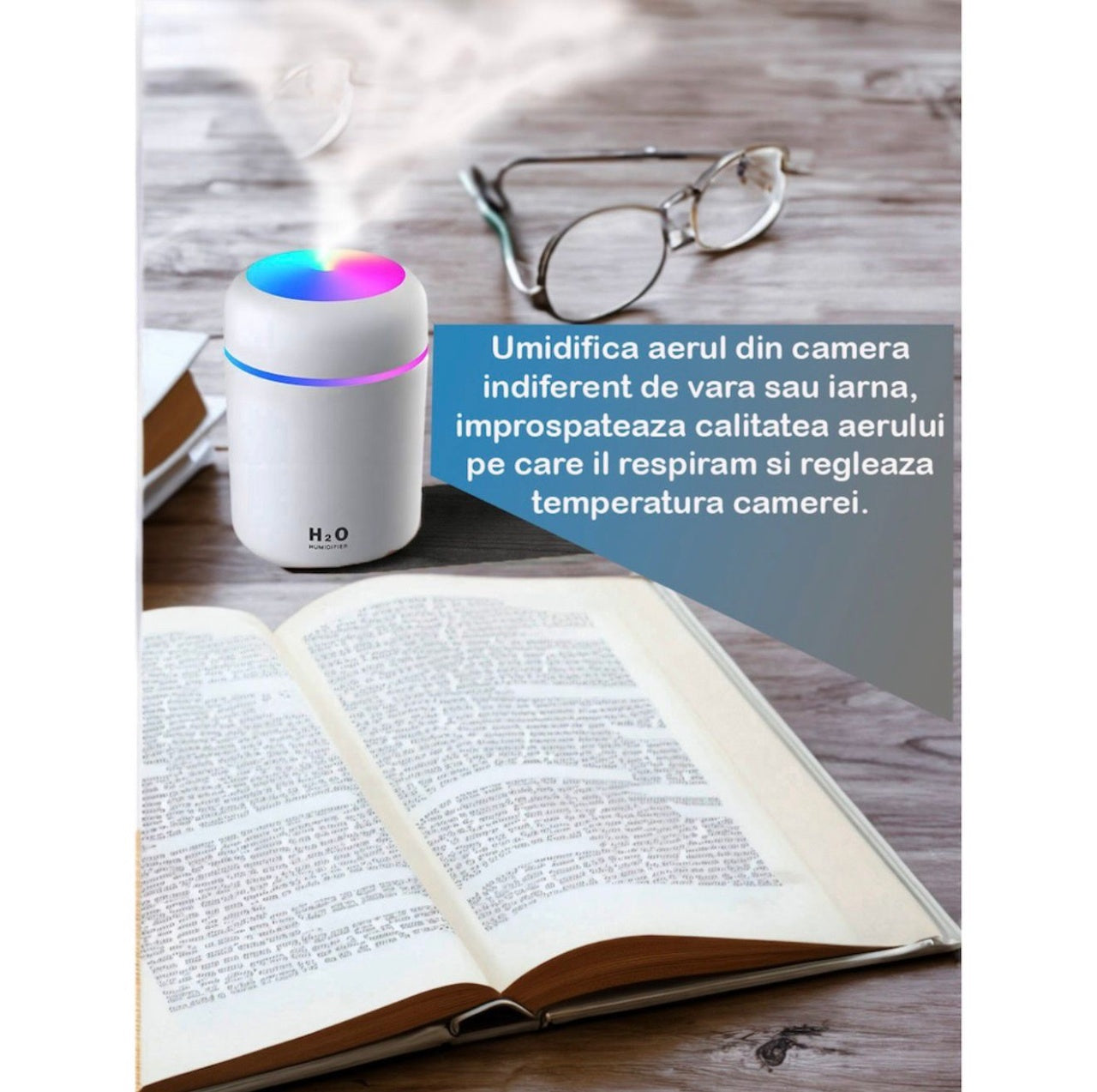Umidificator Aer si Difuzor Aromaterapie 300ml, LED RGB, 2 Moduri Pulverizare, USB, Alb