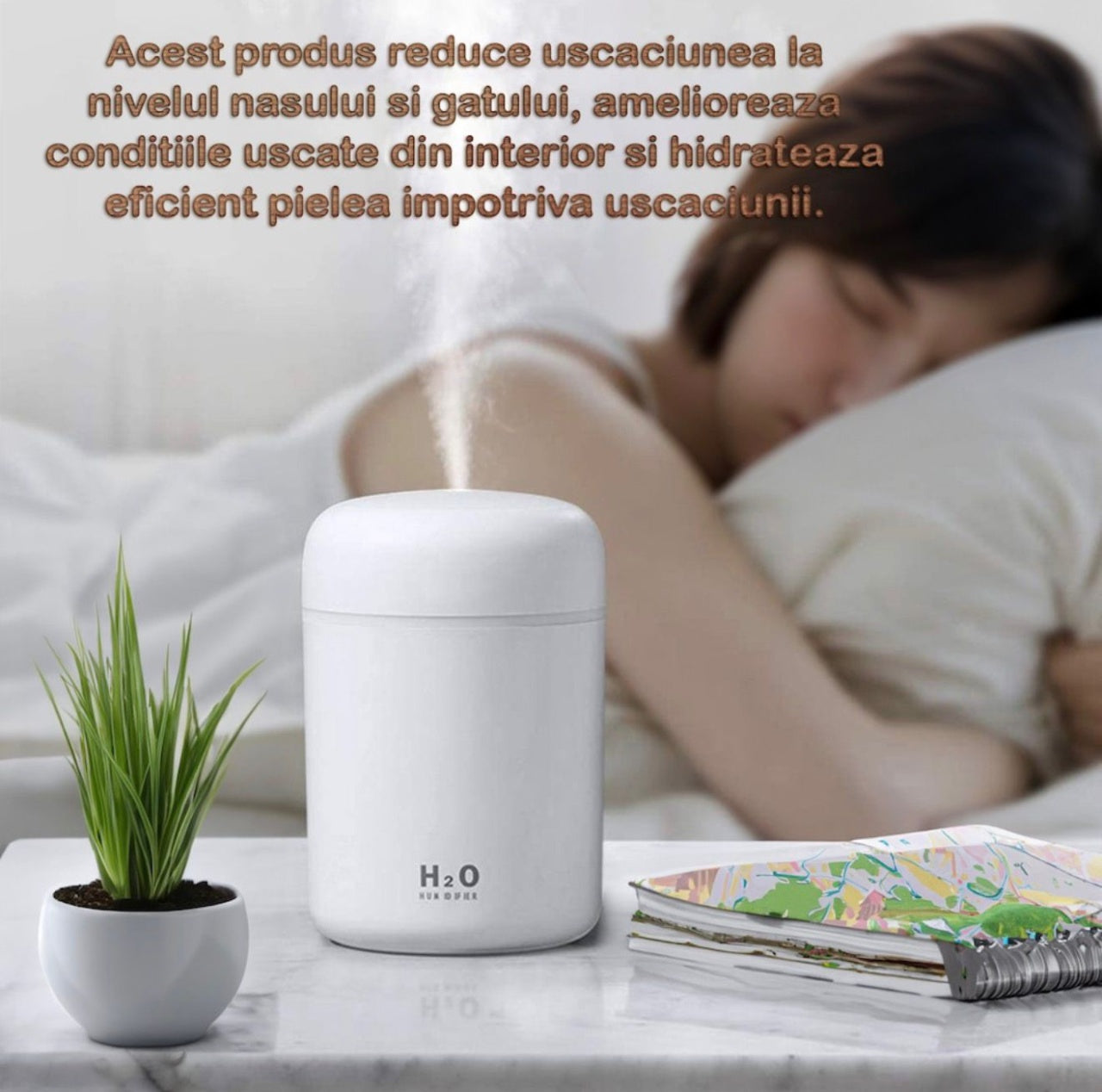 Umidificator Aer si Difuzor Aromaterapie 300ml, LED RGB, 2 Moduri Pulverizare, USB, Alb