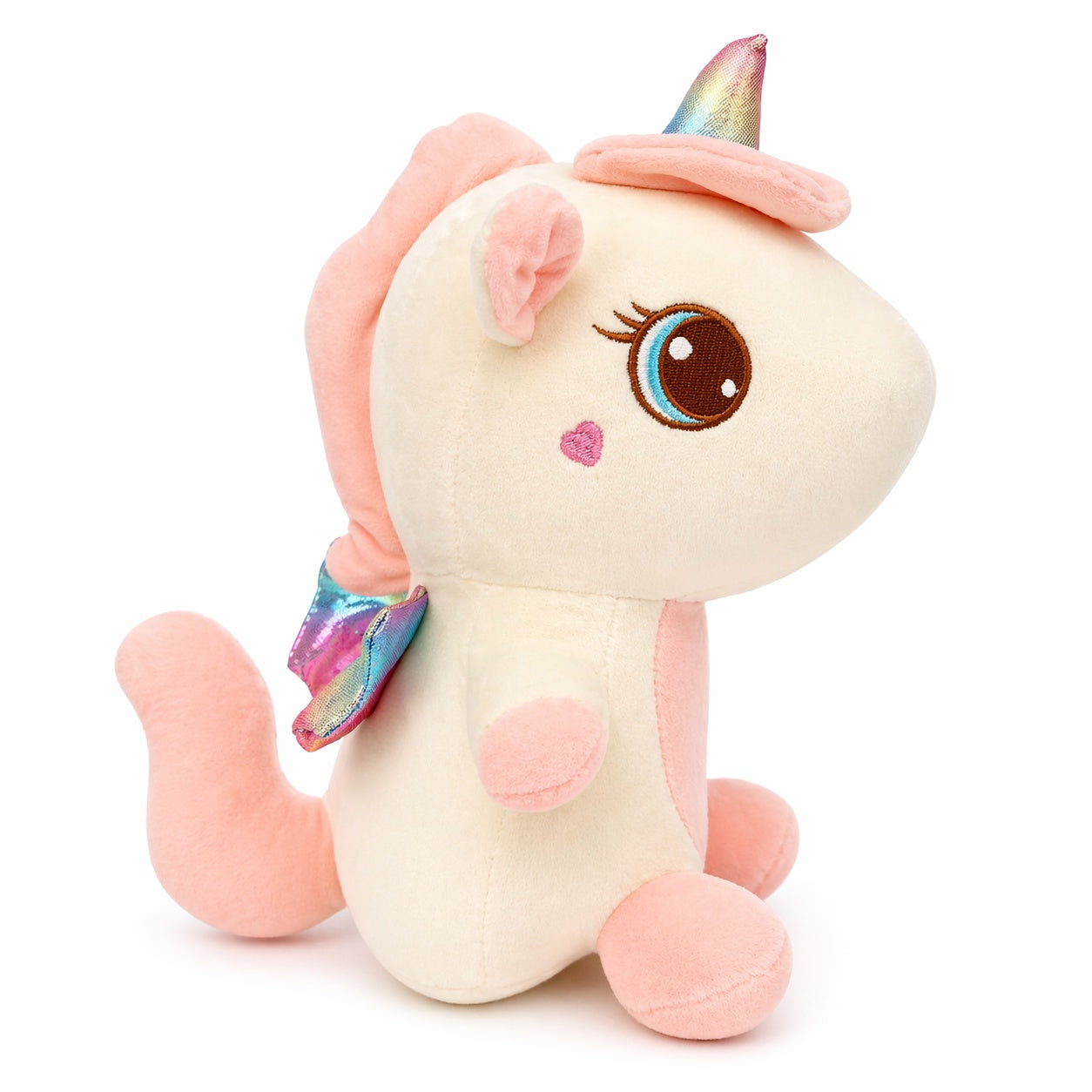 Unicorn de plus 30cm alb cu detalii roz si aripi colorate, jucarie moale copii
