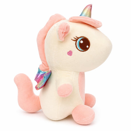 Unicorn de plus 30cm alb cu detalii roz si aripi colorate, jucarie moale copii