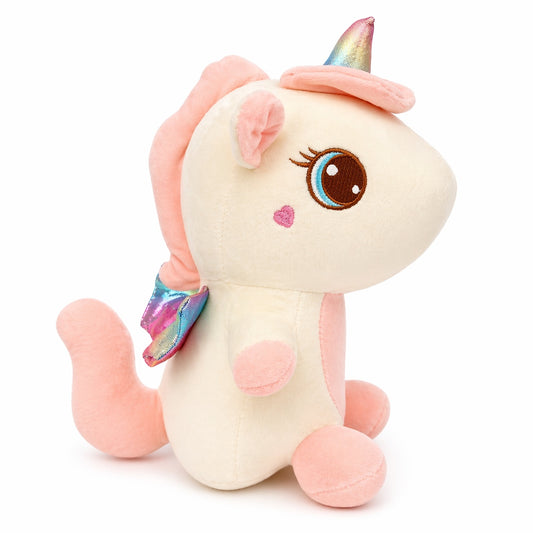 Unicorn de plus 30cm alb cu detalii roz si aripi colorate, jucarie moale copii