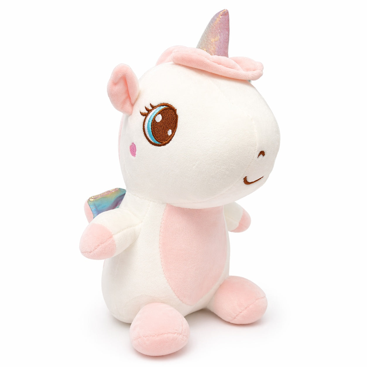 Unicorn de plus 30cm alb cu detalii roz si aripi colorate, jucarie moale copii