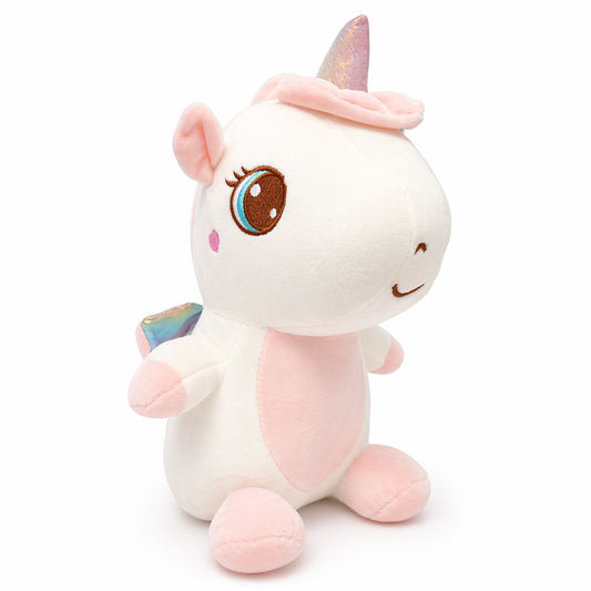 Unicorn de plus 30cm alb cu detalii roz si aripi colorate, jucarie moale copii