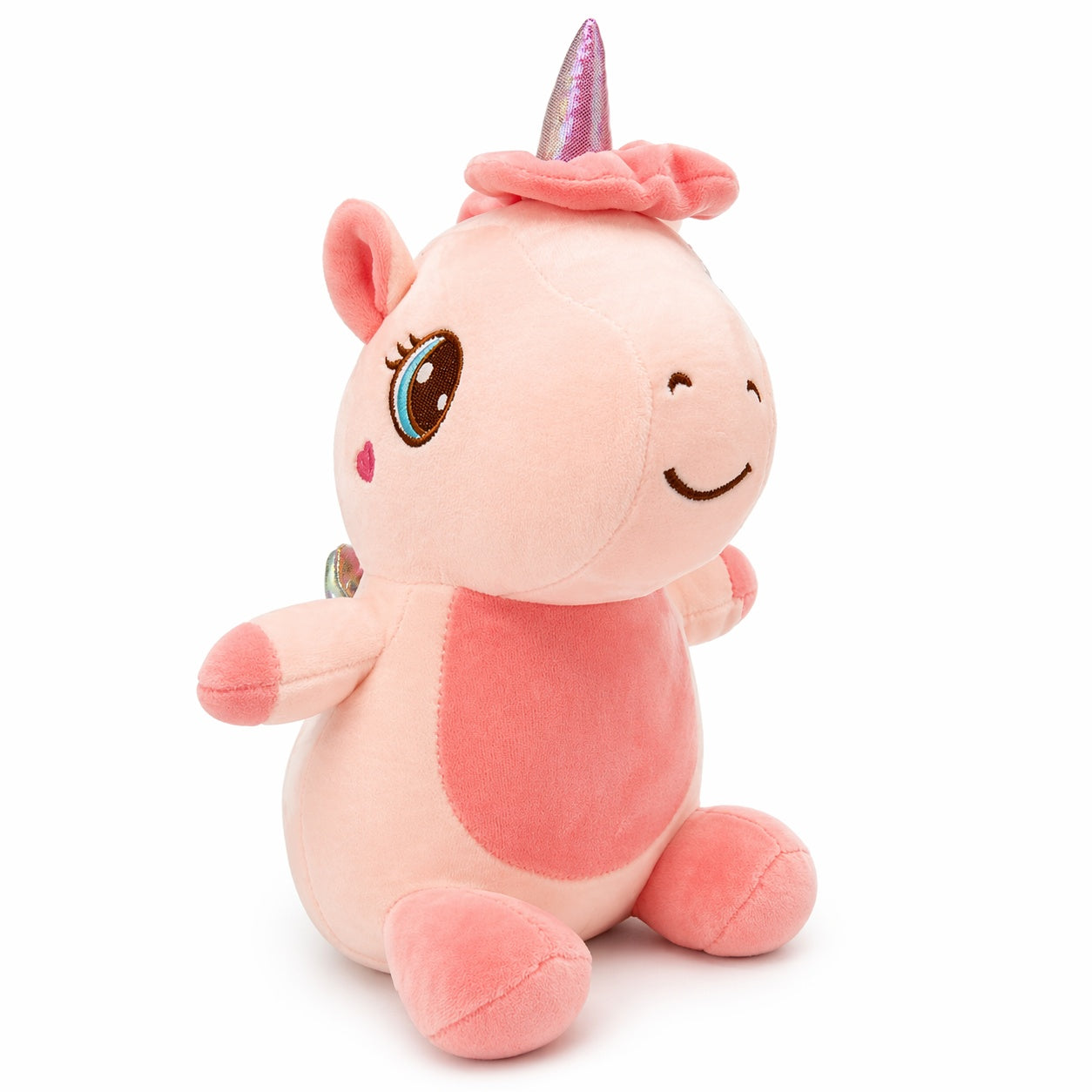 Unicorn de plus 30cm roz cu corn stralucitor si detalii decorative, jucarie moale copii