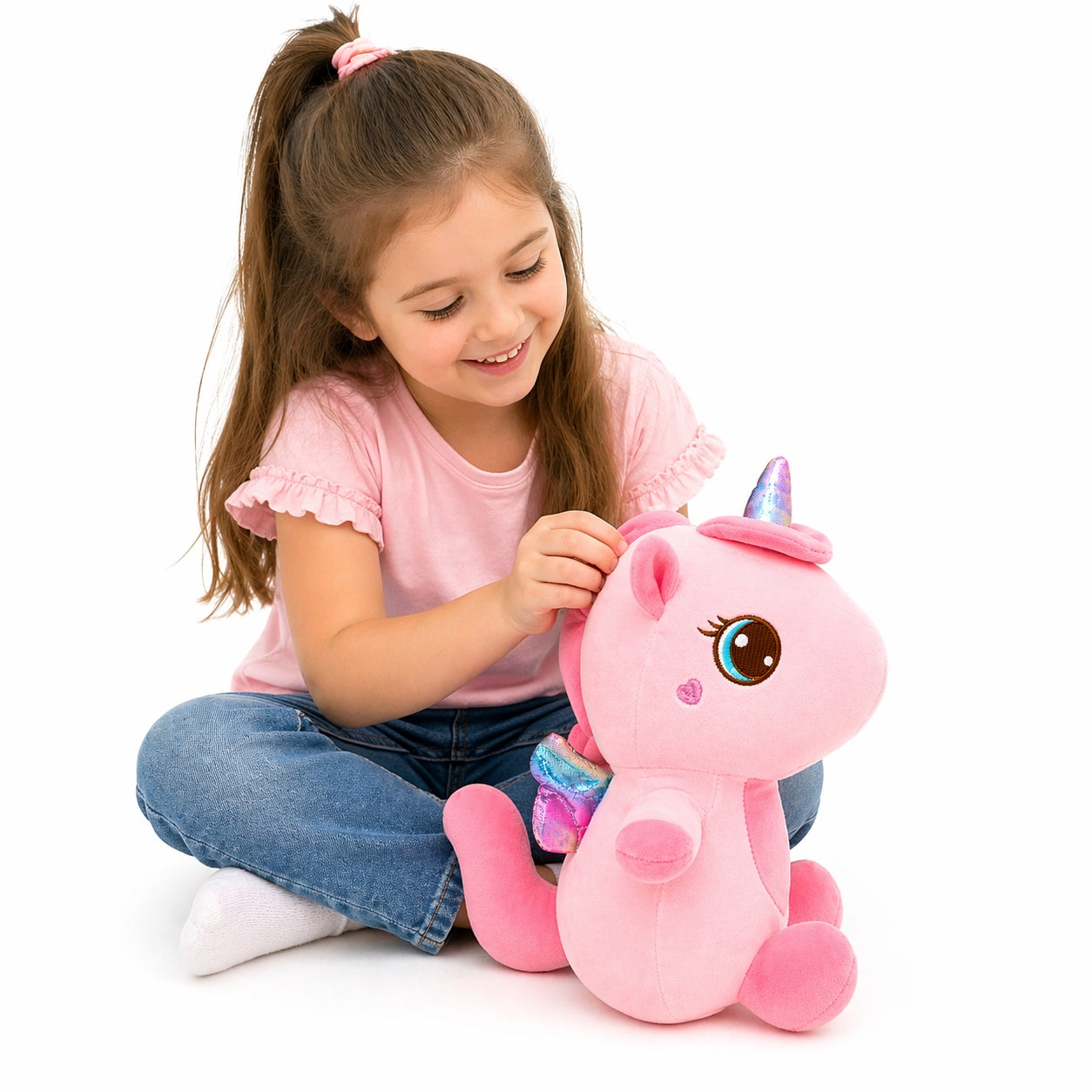 Unicorn de plus 30cm roz cu corn stralucitor si detalii decorative, jucarie moale copii