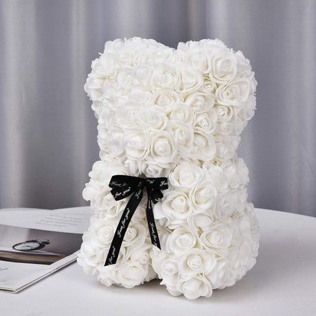 Ursulet decorativ Alb 23cm din trandafiri spuma cu fundita si cutie cadou