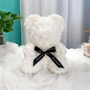 Ursulet decorativ Alb 23cm din trandafiri spuma cu fundita si cutie cadou