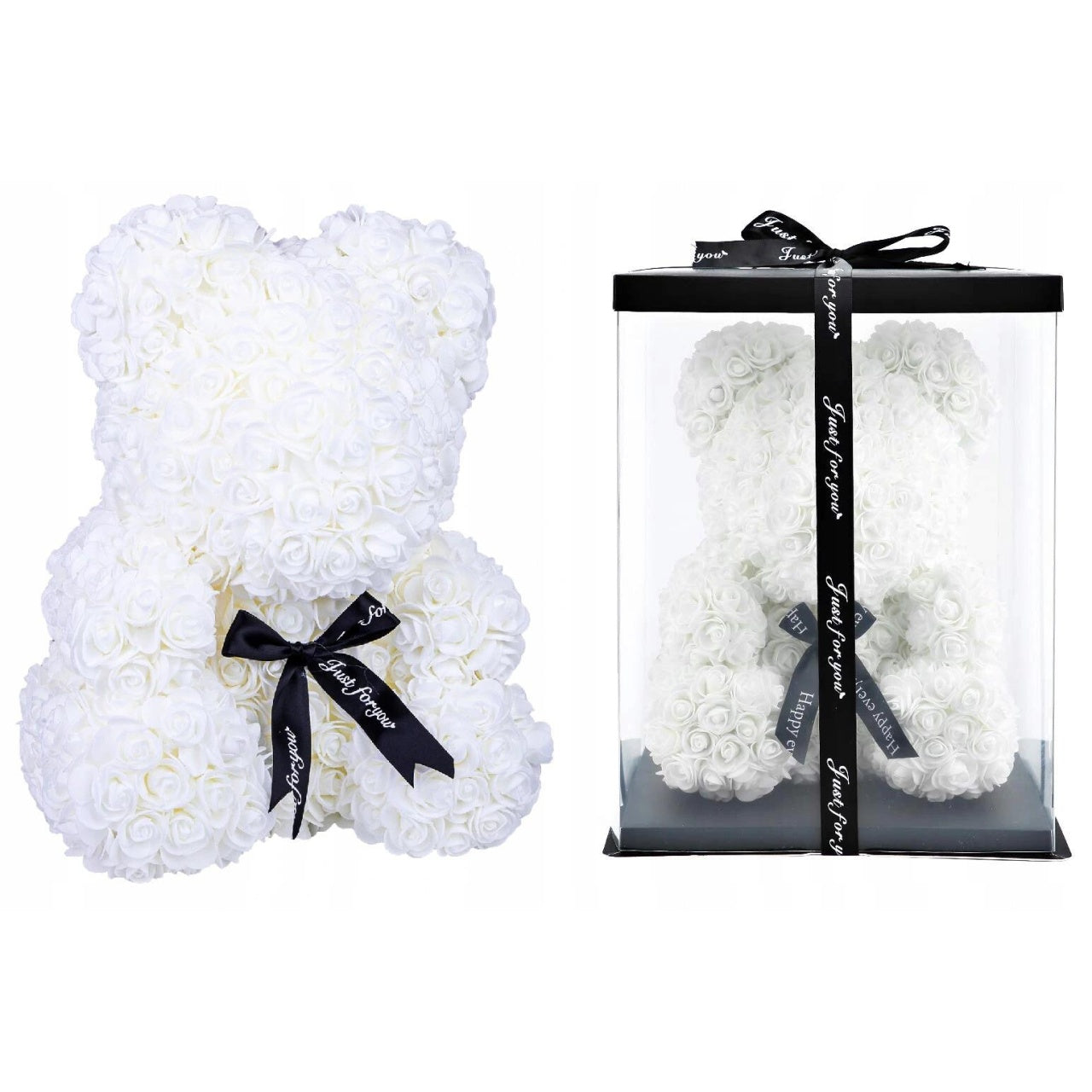 Ursulet decorativ Alb 23cm din trandafiri spuma cu fundita si cutie cadou