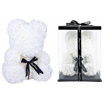 Ursulet decorativ Alb 23cm din trandafiri spuma cu fundita si cutie cadou
