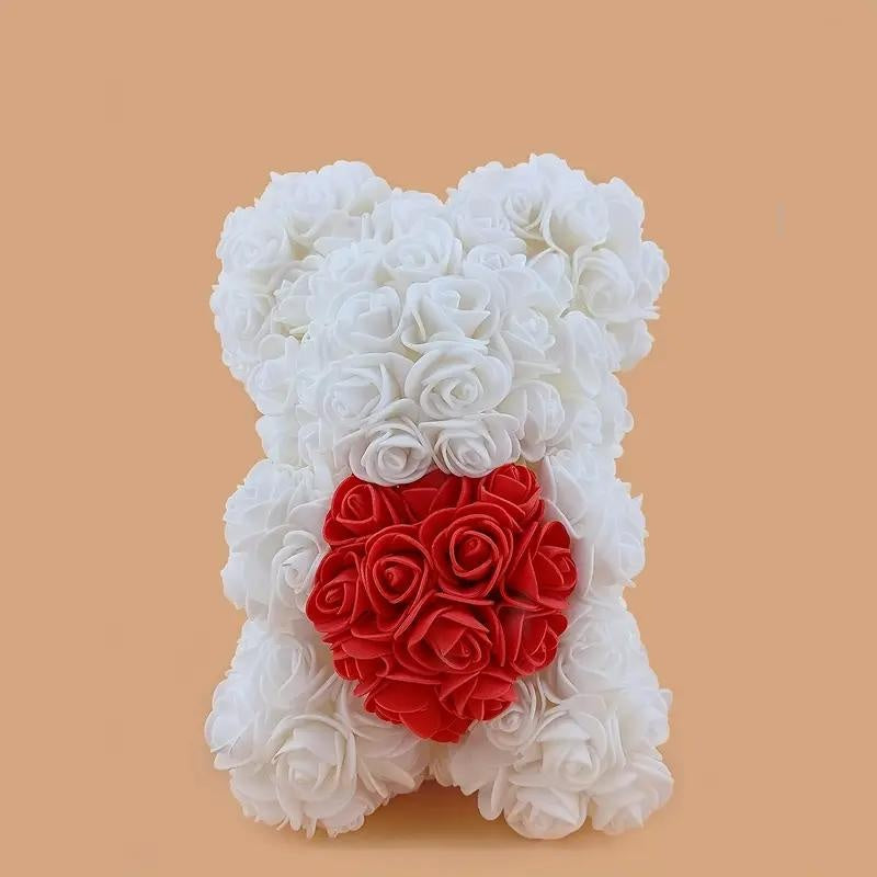 Ursulet decorativ Alb cu inimioara rosie 23cm din trandafiri spuma si cutie cadou cu panglica