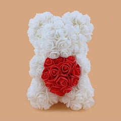 Ursulet decorativ Alb cu inimioara rosie 23cm din trandafiri spuma si cutie cadou cu panglica