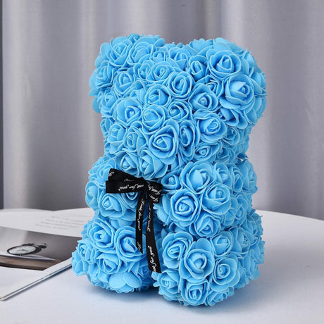 Ursulet decorativ Albastru 23cm din trandafiri spuma cu fundita si cutie cadou