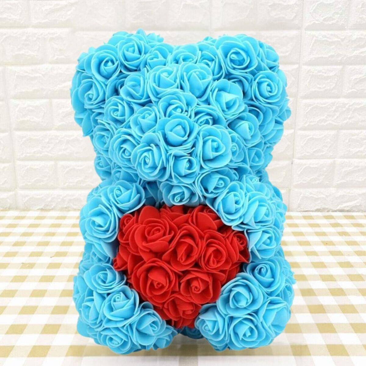 Ursulet decorativ Albastru cu inimioara rosie 23cm din trandafiri spuma si cutie cadou cu panglica - Copie - Copie