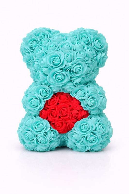Ursulet decorativ din trandafiri din spuma verde menta cu inima rosie in cutie transparenta