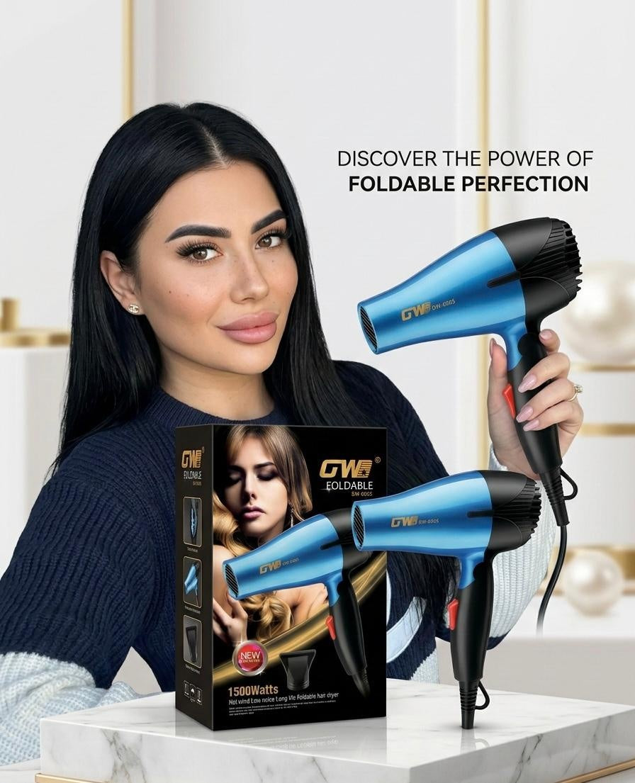 Uscător de păr pliabil GW-6005, 1500W, compact pentru călătorii, Albastru