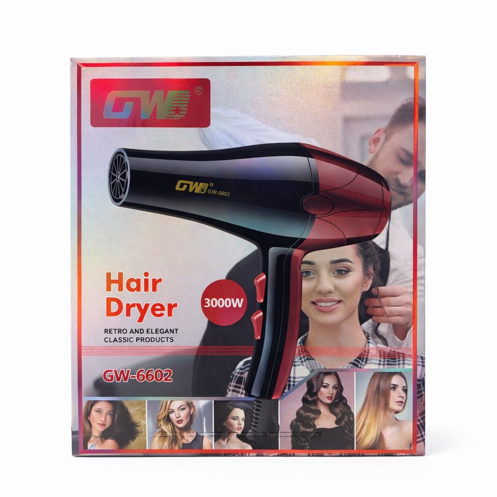 Uscator de par profesional GW-6602, 3000W, 2 trepte viteza, design ergonomic, negru cu rosu