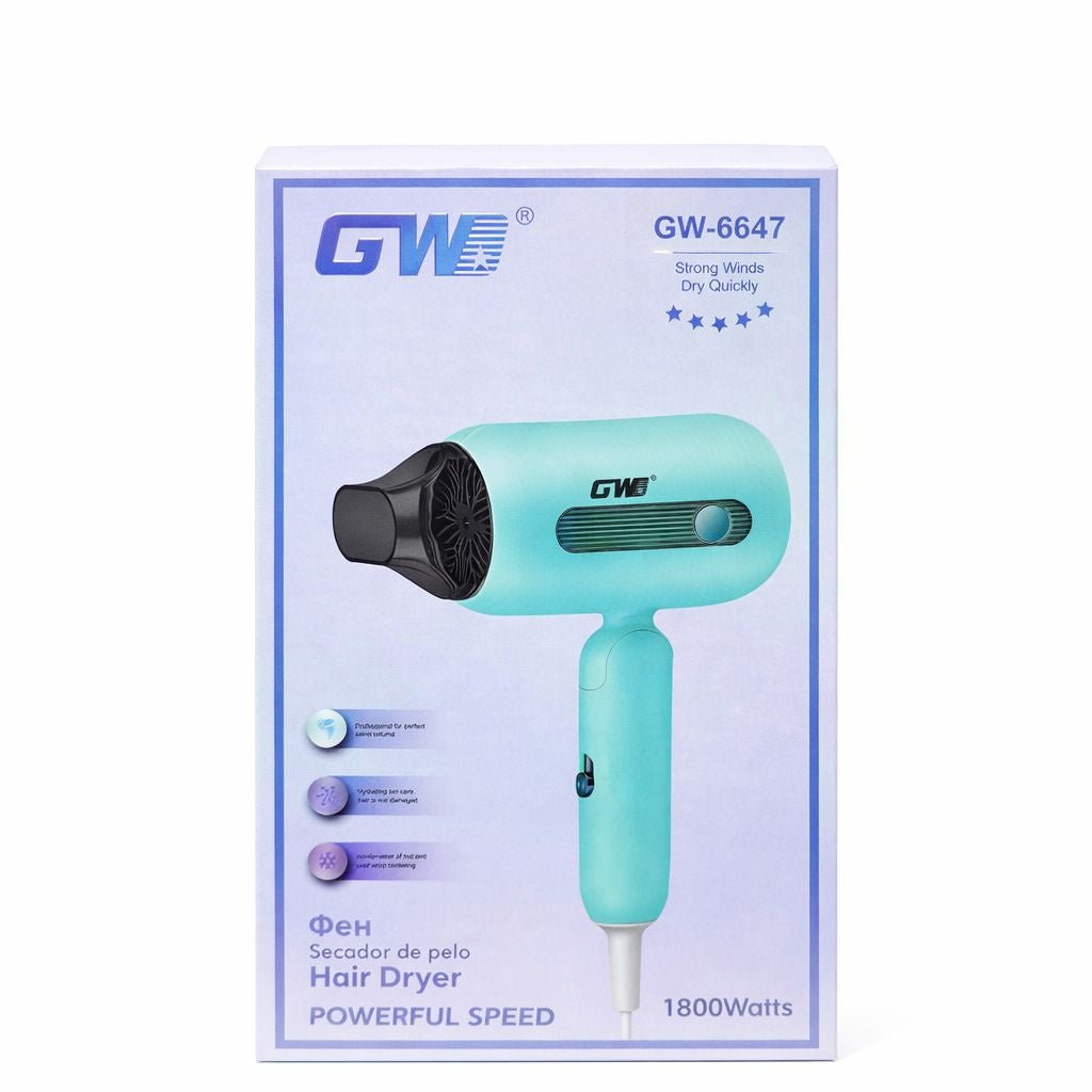 Uscator de par profesional GW-6647, 1800W, flux aer puternic, duza styling, verde turcoaz