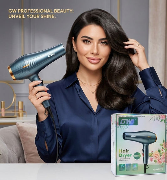 Uscător profesional de păr GW-6621, 3000W, Hair Dryer Professional, Gri cu accente aurii