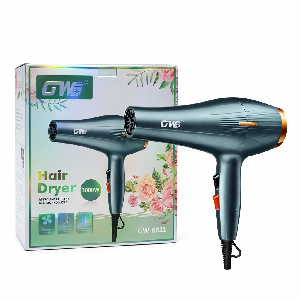 Uscător profesional de păr GW-6621, 3000W, Hair Dryer Professional, Gri cu accente aurii