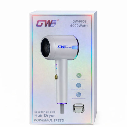 Uscător profesional de păr GW-6658, 6000W, cu tehnologie ionică și flux de aer puternic – Hair Dryer Powerful Speed, Argintiu