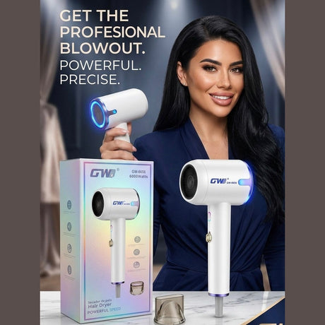 Uscător profesional de păr GW-6658, 6000W, cu tehnologie ionică și flux de aer puternic – Hair Dryer Powerful Speed, Argintiu