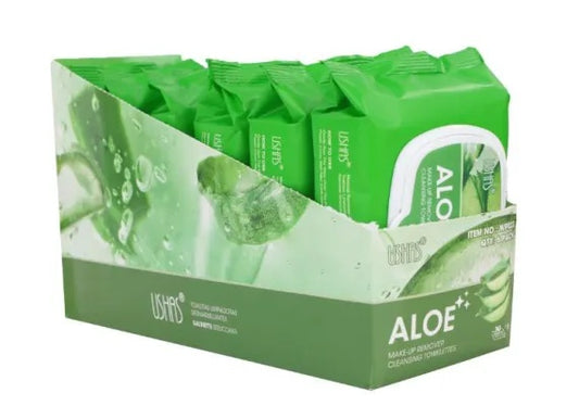 USHAS Aloe Vera Make-Up Remover Cleansing Towelettes , servetele Demachiante cu Aloe Vera pentru Curatare Delicata, 30 Bucati
