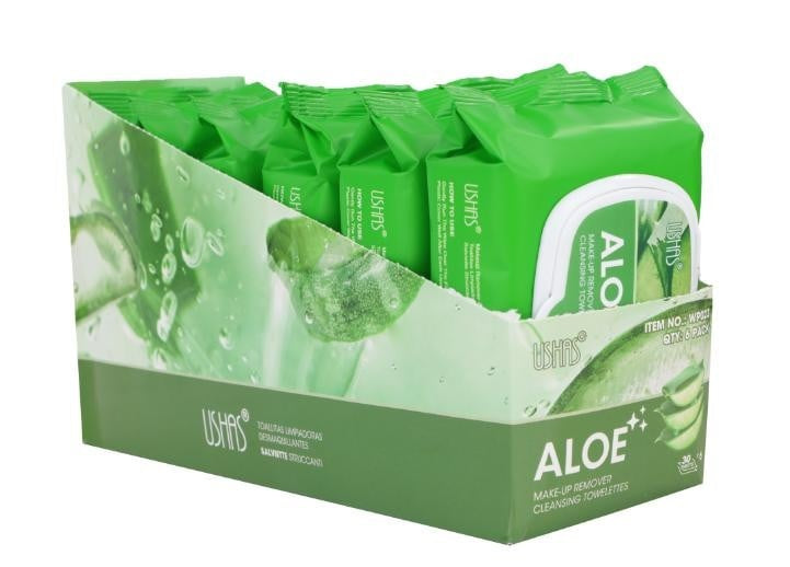 USHAS Aloe Vera Make-Up Remover Cleansing Towelettes , servetele Demachiante cu Aloe Vera pentru Curatare Delicata, 30 Bucati