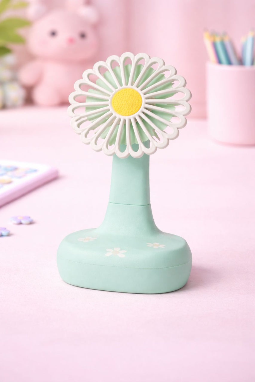 Ventilator birou tip floare margareta, oscilant 90°, 3 viteze, lumina LED, sertar cablu, USB-C, verde