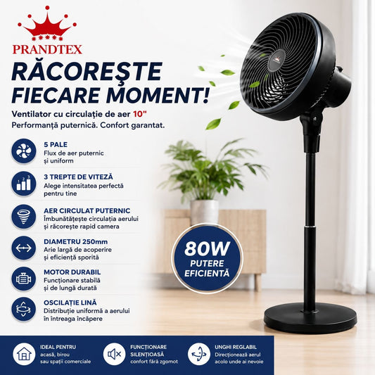 Ventilator cu Picior 10 Inch, negru , 80W, 3 Trepte de Viteză, Oscilație, Circulație Puternică a Aerului