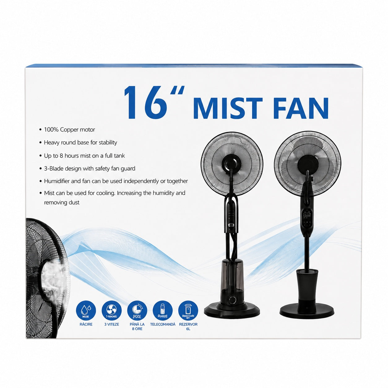 Ventilator cu Umidificator, Negru, 75W, 220V, 3 Viteze, Timer 7.5 Ore, Oscilație 70°
