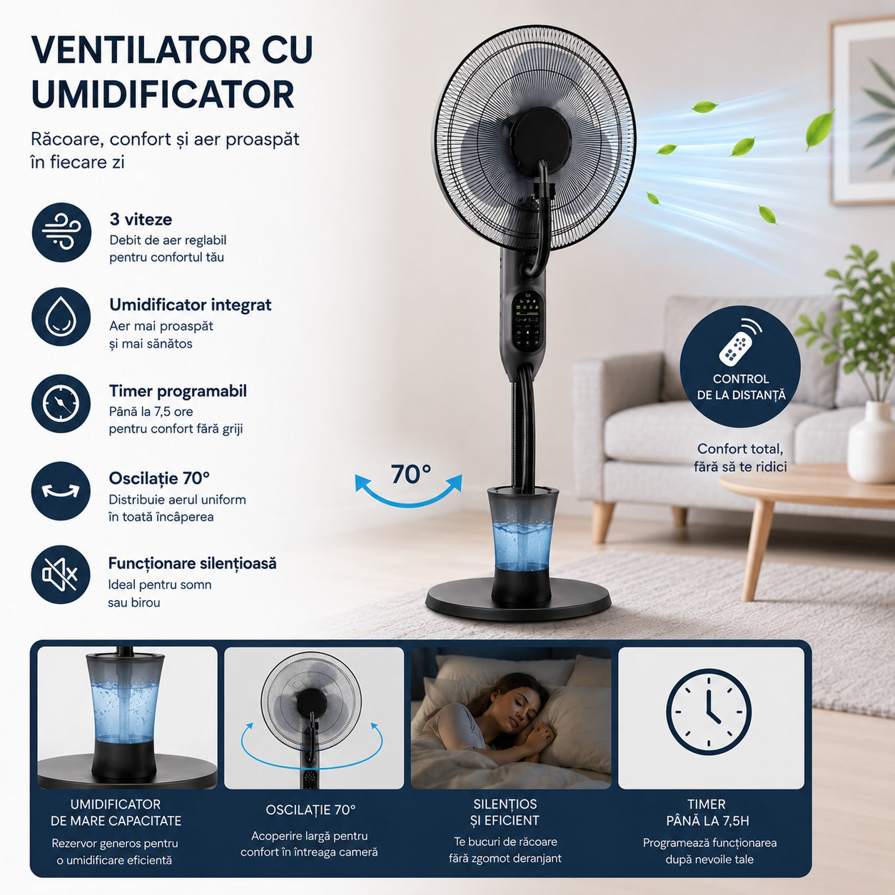Ventilator cu Umidificator, Negru, 75W, 220V, 3 Viteze, Timer 7.5 Ore, Oscilație 70°