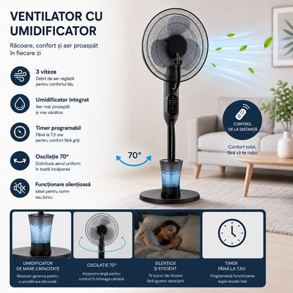 Ventilator cu Umidificator, Negru, 75W, 220V, 3 Viteze, Timer 7.5 Ore, Oscilație 70°