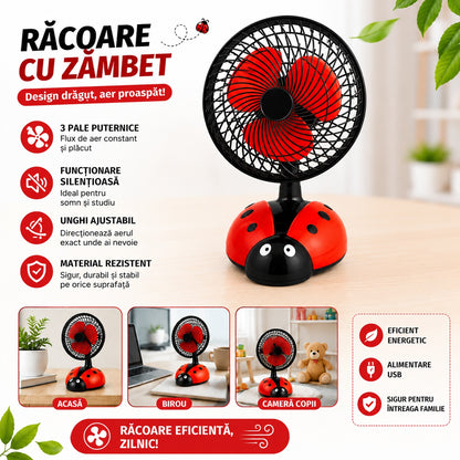 Ventilator de birou cu Buburuza 40 cm – Silențios, USB, Design Drăguț pentru Copii și Birou